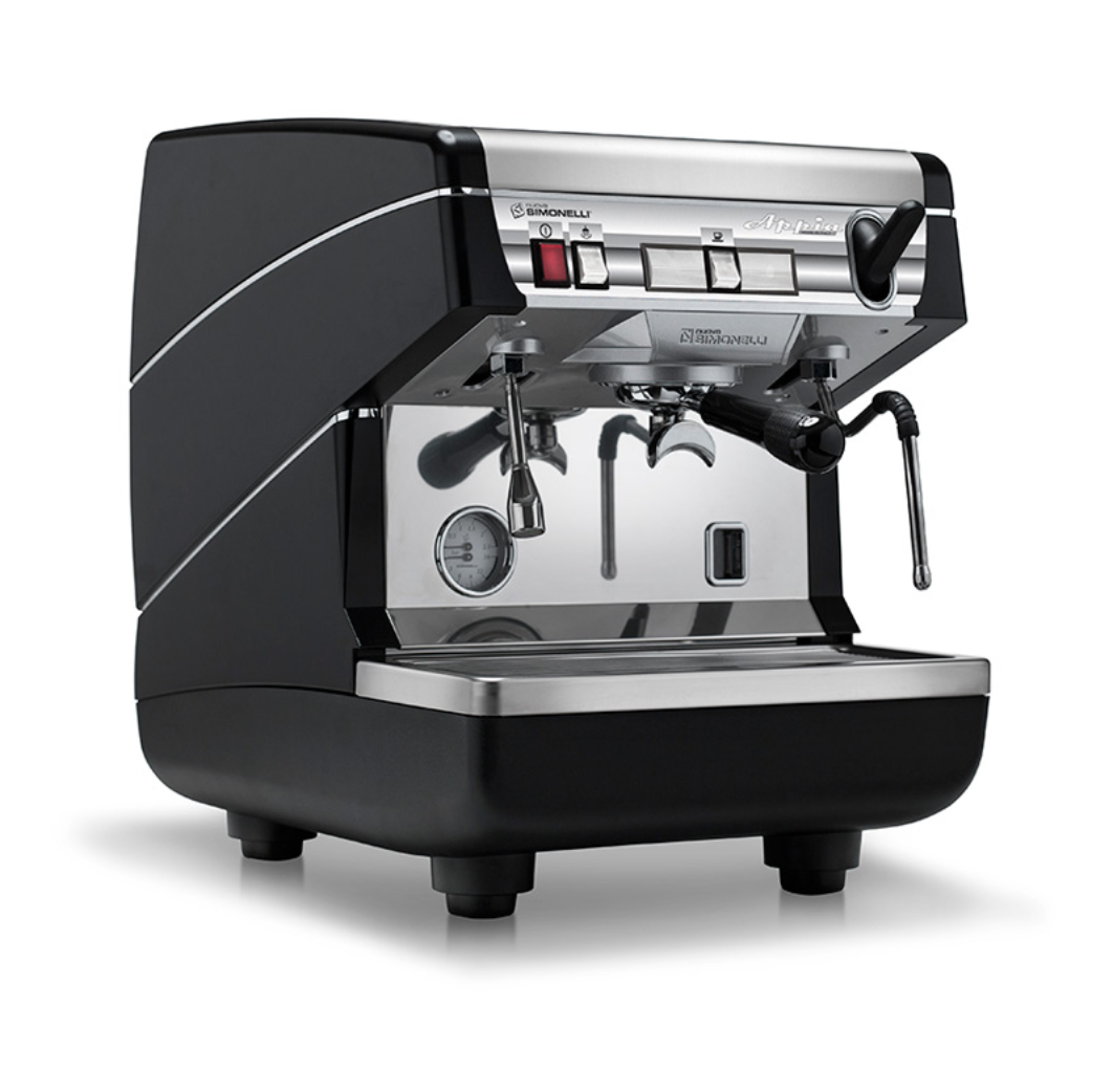 Nuova Simonelli Appia Life, 1 group black , semi automatic on white background.