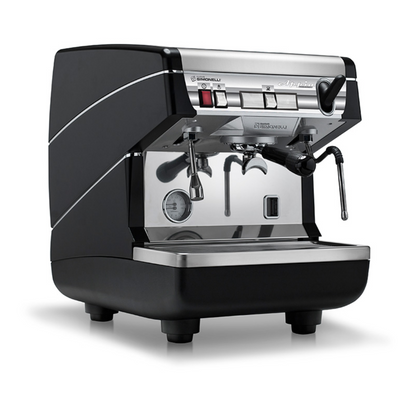Nuova Simonelli Appia Life, 1 group black , semi automatic on white background.