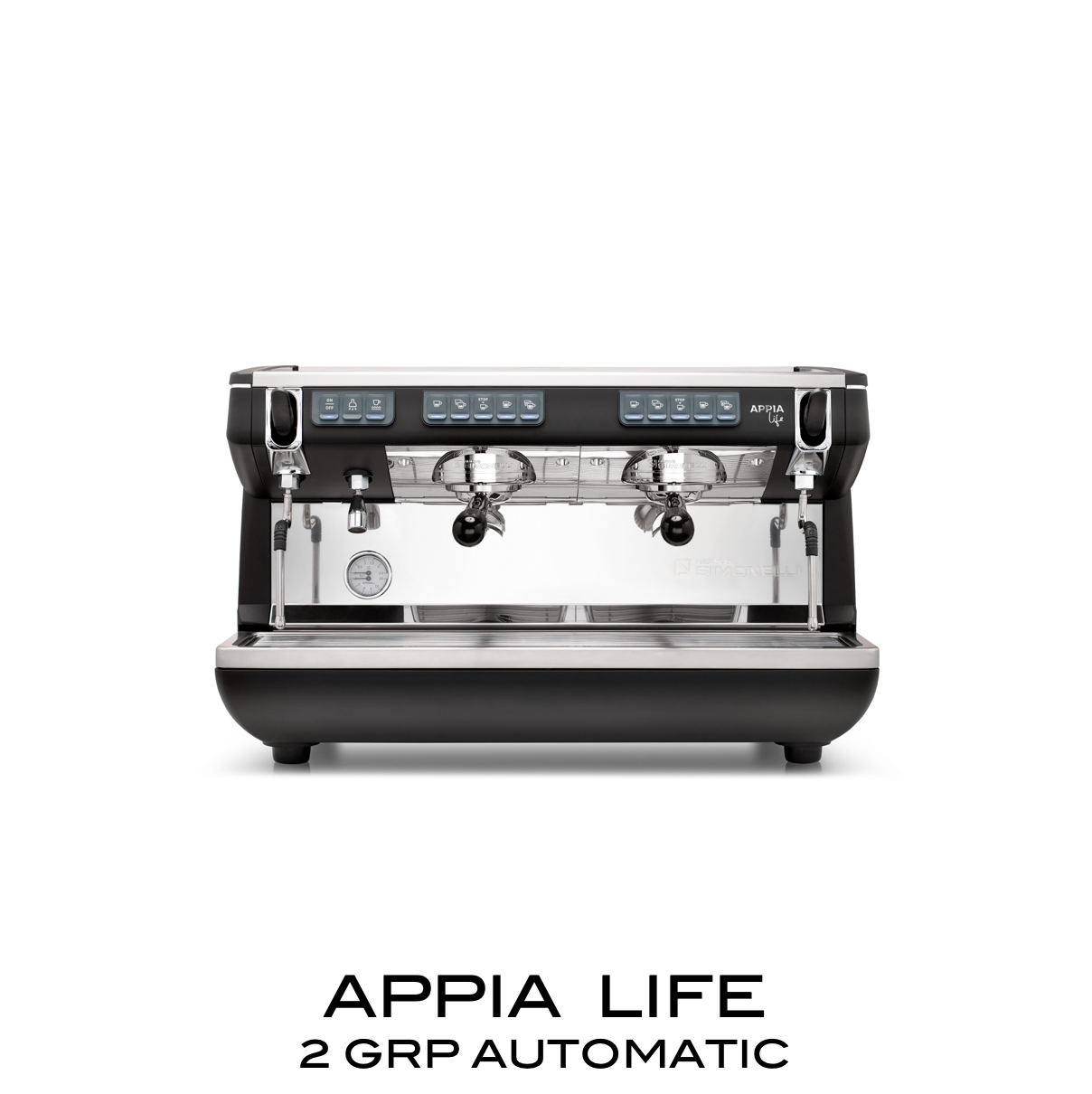 Black Nuova Simonelli Appia Life, 2 group, automatic on white background