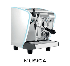 A compact, silver espresso machine with a blue accent, labeled 'MUSICA', with a visible portafilter attached to the front. 1 group by Nuova Simonelli 